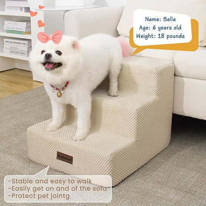 Dog Stairs for Small Dogs &amp; Cats, 3-Step Non-Slip Pet Steps for Couch Sofa and Chair, Beige, 13.6" H