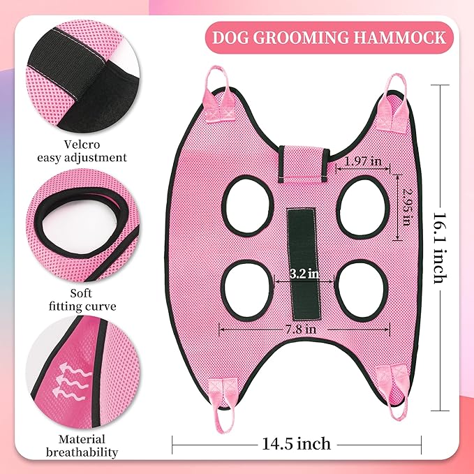 PatiencET Dog Grooming Hammock, Pet Grooming Hammock for Cats &amp; Dogs with Security Strap, Dog Sling for Nail Trimming with Nail Clippers/Trimmer, Nail File, Pet Comb(Pink XS)