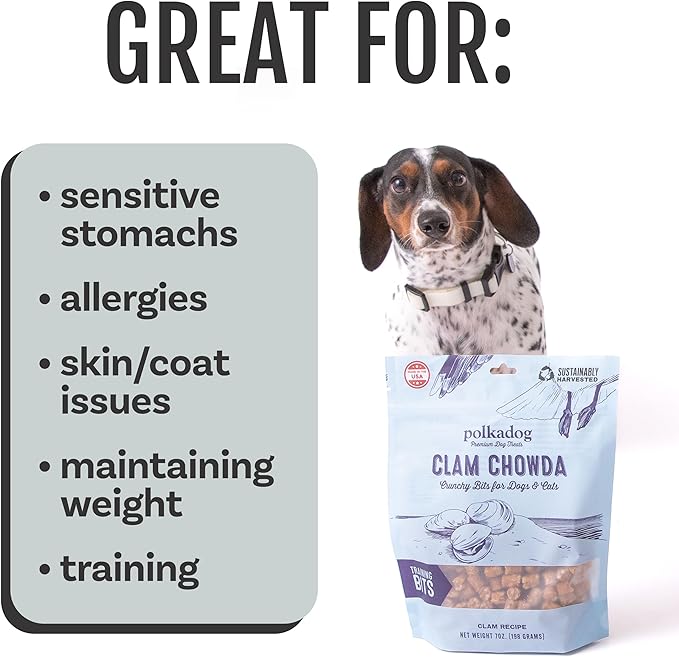 Polkadog Clam Chowda Crunchy Training Bits – All Natural, Limited Ingredient Healthy Training Treats for Dogs. Handcrafted &amp; Made in USA. Made with Atlantic Quahogs, High in Omega-3 – 7oz