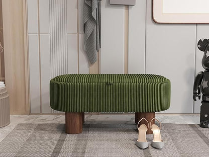 Bench with Storage 43 inch, Upholstered Corduroy Farbic Green Oval Footrest with Hidden Storage, Stool Modern Design Legs for Bedroom, Living Room, and Entryway Furniture Ottoman