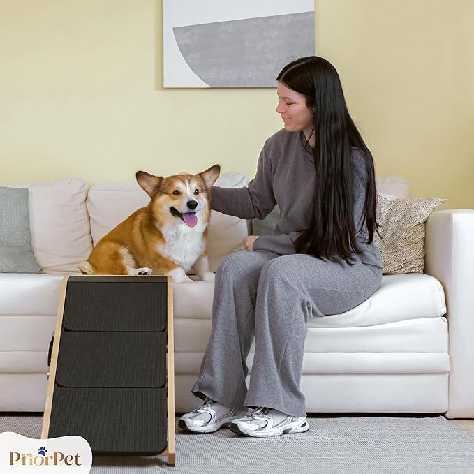 Dog Steps for Bed &amp; Couch 2-in-1 Dog Stairs/Ramp - Height Adjustable Dog Ramp for Couch 7” - 20” - Pet Stairs, Dog Stairs for Small Dogs - Easy to Move Pet Steps with Landing Platform, Natural