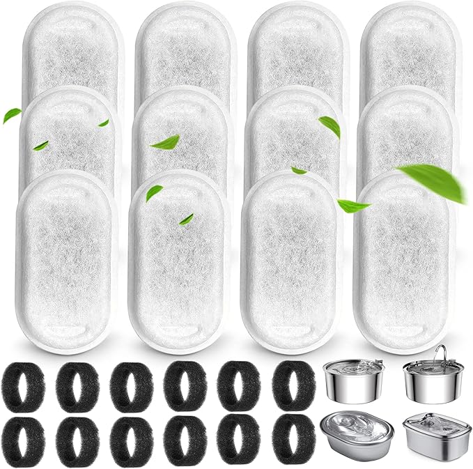 Cat Water Fountain Filters for 108/3.2L&amp; 67oz/2L Stainless Steel Pet Water Dispenser Fountain Filters,12 Cat Fountain Filter Replacement with 12 Sponges