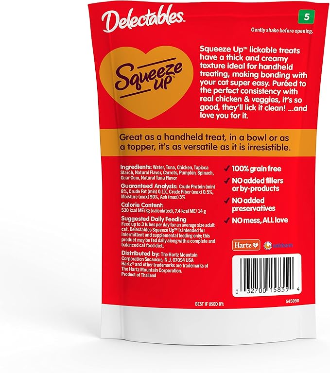 Hartz Delectables Squeeze Up Interactive Lickable Wet Cat Treats for Adult &amp; Senior Cats, Chicken &amp; Veggies, 4 Count (Pack of 8)