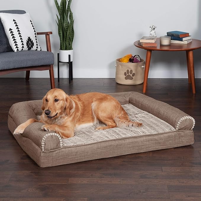 Furhaven Cooling Gel Dog Bed for Large Dogs w/ Removable Bolsters &amp; Washable Cover, For Dogs Up to 95 lbs - Luxe Faux Fur &amp; Performance Linen Sofa - Woodsmoke, Jumbo/XL