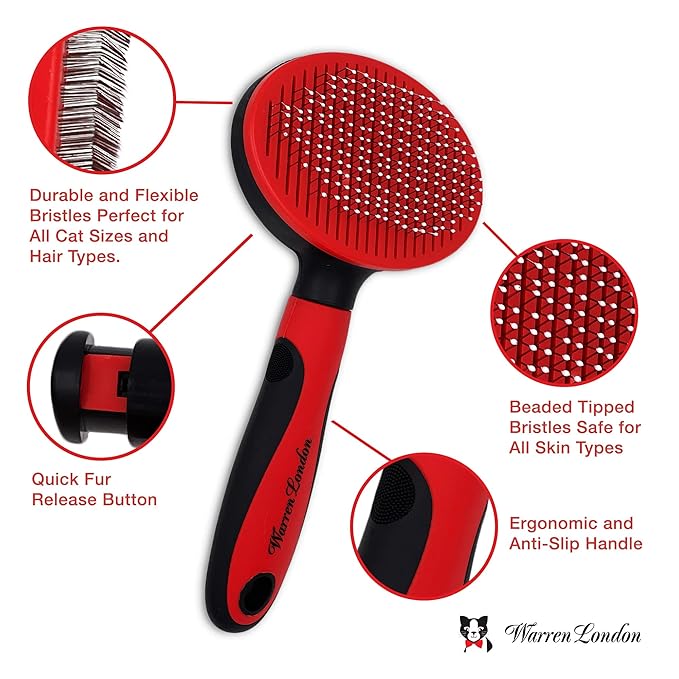 Warren London Self-Cleaning Cat Pin Brush | Push-Button Fur Ejector, Bead-Tipped Nylon Pins – Gentle Shedding &amp; Detangling for Cats, Kittens, Rabbits, Ferrets &amp; Small Dogs | Ergonomic Anti-Slip Grip