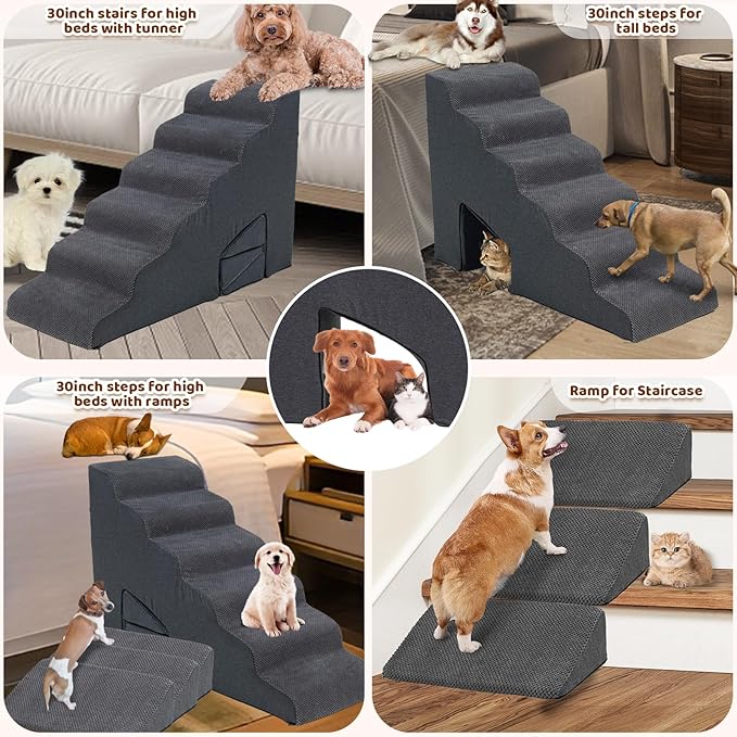 Dog Stairs &amp; Steps Ramps for High Beds 30 inches High Tall, LitaiL 6 Step Pet Stairs Steps for Small Large Dogs, Non-Slip Dog Ramps with 3 Pack Ramps for Staircase