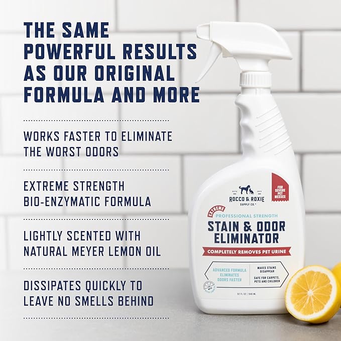Rocco &amp; Roxie Extreme Stain &amp; Odor Eliminator for Strong Odor, Pet Urine Enzyme Cleaner Destroyer, Stain Remover for Dog Poop and Cat Pee, Enzymatic Carpet Cleaner Spray For Home, Puppy Potty Training