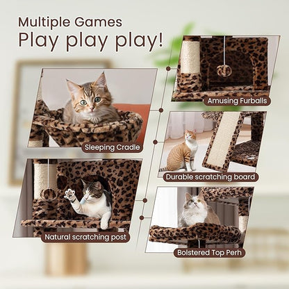 SHA CERLIN 68 Inches Multi-Level Large Cat Tree for Large Kitties/Big Cat Tower with Condo/Cozy Plush ‌Pussycat Perches/Sisal Scratching Posts and Hammocks/Activity Center/Leopard Print