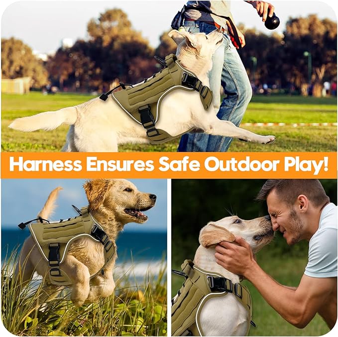 Heavy-Duty Tactical Dog Harness for Large Dogs, No Pull Adjustable Reflective Pet Vest with Molle System, K9 Military-Grade Control for Service Training, Outdoor &amp; 10+ Breeds, Khaki, X-Large