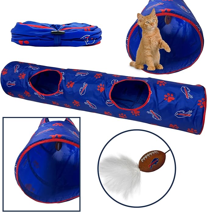 NFL Buffalo Bills Cat Tunnel Tube Toy with Plush Football Catnip and Feathers Collapsible Tunnel for Cats to Play, Peek and Hide, Sporty &amp; Fun Cat Tunnel Toy with Team Logo All-Over Design!