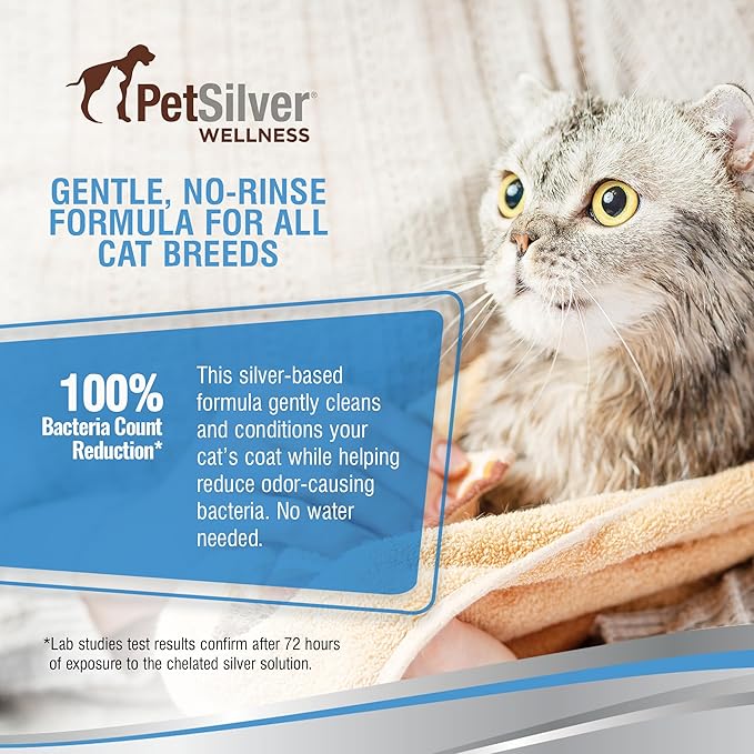 PetSilver Waterless Cat Shampoo - No Rinse Bath &amp; Dry Shampoo for Cats - Long-Haired &amp; Sensitive Skin - Cleans, Conditions &amp; Moisturizes - Hypoallergenic &amp; Fragrance-Free - Patented Formula - 5 fl oz