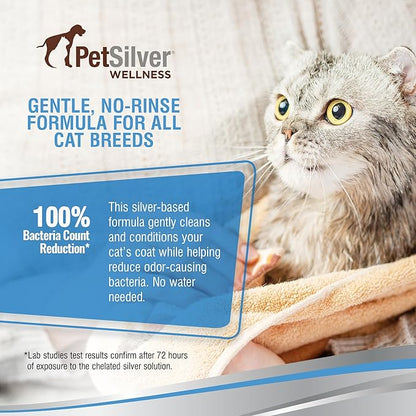PetSilver Waterless Cat Shampoo - No Rinse Bath &amp; Dry Shampoo for Cats - Long-Haired &amp; Sensitive Skin - Cleans, Conditions &amp; Moisturizes - Hypoallergenic &amp; Fragrance-Free - Patented Formula - 5 fl oz
