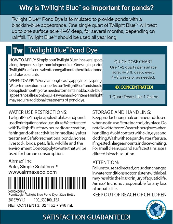 Airmax Twilight Blue Pond Dye 4X Concentrate for Outdoor Ponds &amp; Lakes, Natural Pond Colorant &amp; Beauty Enhancer, Block Ultraviolet Rays, Fish, Bird &amp; Livestock Safe, Easy Liquid Application,1 Quart