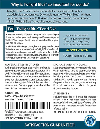 Airmax Twilight Blue Pond Dye 4X Concentrate for Outdoor Ponds &amp; Lakes, Natural Pond Colorant &amp; Beauty Enhancer, Block Ultraviolet Rays, Fish, Bird &amp; Livestock Safe, Easy Liquid Application,1 Quart