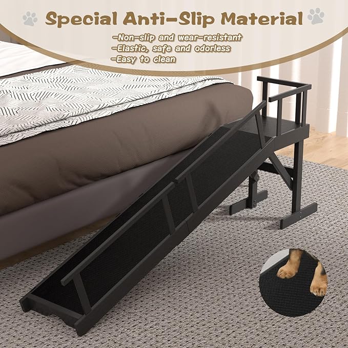 61" Dog Ramp for Bed, Pet Ramp with Removable Side Rail and Non-Slip Surface, Pet Ramp for Small &amp; Large &amp; Senior Dogs with Rest Platform and DIY Glow Strips,Dog Stairs for Couch,Black