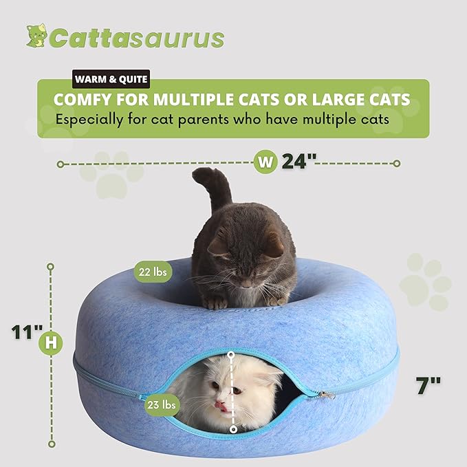 CATTASAURUS Peekaboo Cat Cave for Multiple &amp; Large Cats Up to 30-45 Lbs, Scratch Detachable &amp; Washable Tunnel Bed, Comfy Donut Cat Cave (Blue, Large)