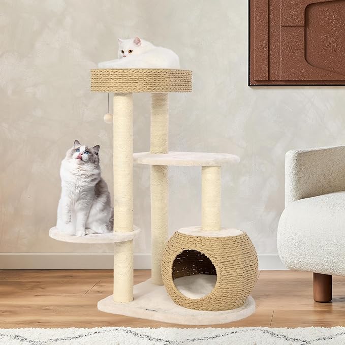 KAMABOKO Modern Cat Tree, 39" Tall Cat Trees for Kittens Climb Play &amp; Rest, Cat-Tree for Indoor Cats w/Natural Sisal Scratching Posts, Hand-Woven Condo &amp; Top Perch