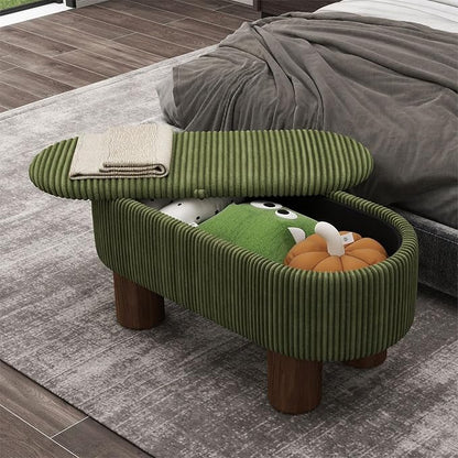 Bench with Storage 43 inch, Upholstered Corduroy Farbic Green Oval Footrest with Hidden Storage, Stool Modern Design Legs for Bedroom, Living Room, and Entryway Furniture Ottoman