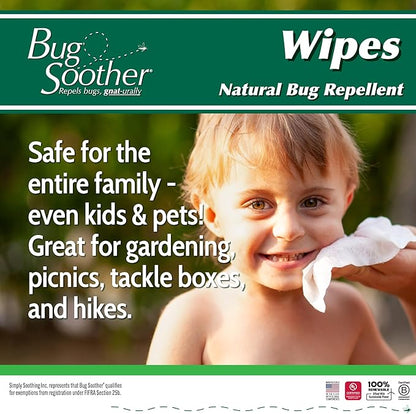 Bug Soother Wipes (30 ct) - Natural Insect, Gnat and Mosquito Repellent &amp; Deterrent - 100% DEET-Free Safe Bug Wipes for Adults, Kids, &amp; Pets - Made in USA