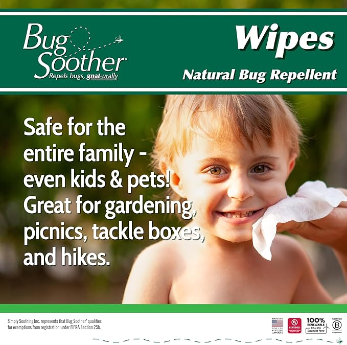 Bug Soother Wipes (100 ct) - Natural Insect, Gnat and Mosquito Repellent &amp; Deterrent - 100% DEET-Free Safe Bug Wipes for Adults, Kids, &amp; Pets - Made in USA