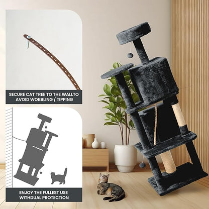 59in Large Cat Tree Tower for Indoor Cats with Soft Plush Hang Ball, Two Condos, Sisal Scratch Posts &amp; Rope Play for Kittens/Adult Cats, New Dark Grey