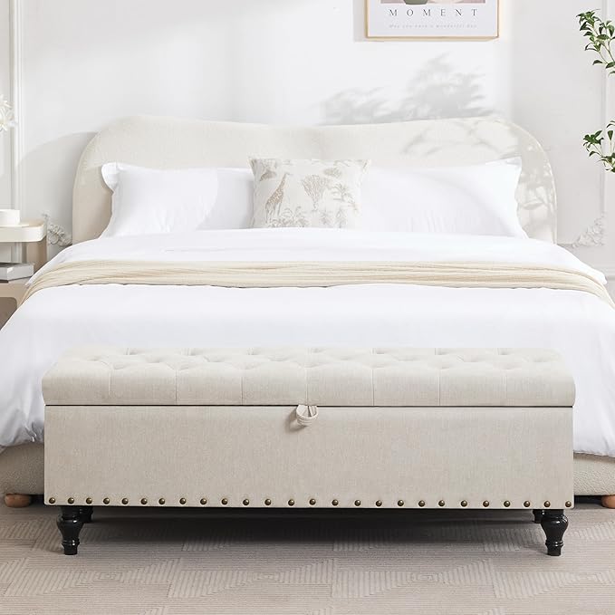 Mangodan51” Linen End of Bed Storage Bench, Tufetd Upholstered Storage Ottoman Bench with Safety Hinge, 330 lb Large Ottoman with Storages for Living Room, Entryway &amp; Bedroom, Window Benches, Beige