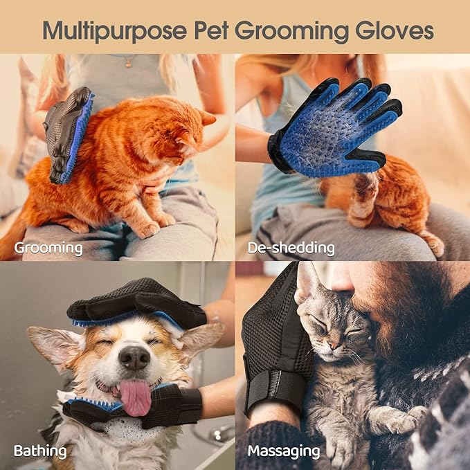 Upgrade Efficient Pet Hair Remover Gloves - Gentle Shedding Brushes for Dogs, Cats &amp; Horses with Long and Short Hair - 1 Pair (Blue)