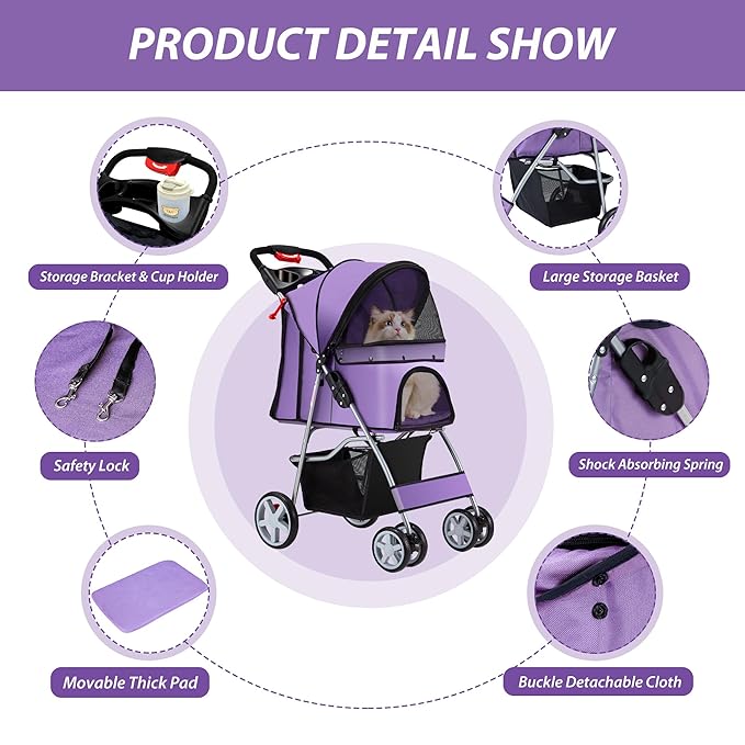 4 Wheels Pet Stroller for Small Medium Dogs Cats 10-33 lbs, Foldable Dog and Cat Stroller with Cup Holder &amp; Storage Basket &amp; Breathable Mesh, Pet Strolling Cart for All-Season, Purple