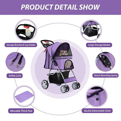4 Wheels Pet Stroller for Small Medium Dogs Cats 10-33 lbs, Foldable Dog and Cat Stroller with Cup Holder &amp; Storage Basket &amp; Breathable Mesh, Pet Strolling Cart for All-Season, Purple
