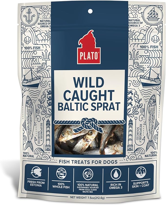 PLATO Pet Treats Fish Dog Treats - Air-Dried, Single Ingredient Dog Treat - with Omega 3 &amp; 6 Fatty Acids to Support Skin and Coat - 100% Whole Fish - Wild Caught Baltic Sprat Dog Treats - 7.5 oz