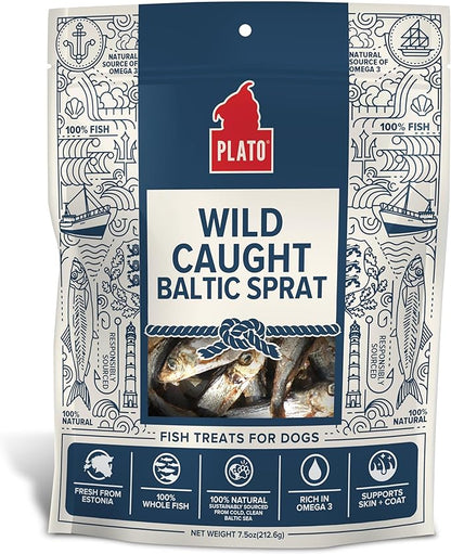 PLATO Pet Treats Fish Dog Treats - Air-Dried, Single Ingredient Dog Treat - with Omega 3 &amp; 6 Fatty Acids to Support Skin and Coat - 100% Whole Fish - Wild Caught Baltic Sprat Dog Treats - 7.5 oz