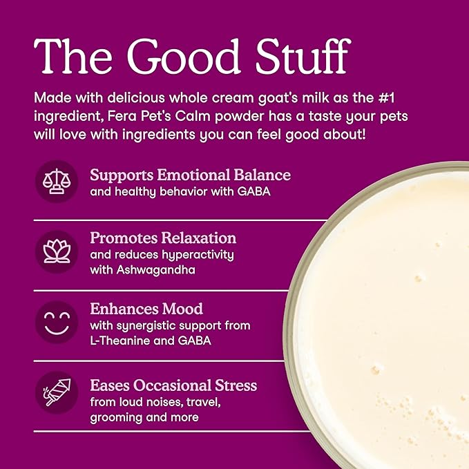 Fera Pets Goat Milk - Calming Supplement for Dogs &amp; Cats - Ashwagandha, L-Theanine, &amp; Passion Flower - Supports Anxiety Relief &amp; Relaxation - for Picky Eaters - 60 TSP