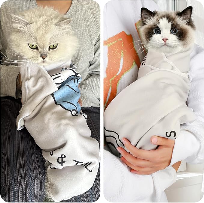 Cat Grooming Wrap: Premium Cat Wrap for Cutting Nails 2025 Thicker Upgraded, Self-Adherent Texture Hand Pocket Designed for Anti-Bite/Scratch, Eco-Friendly Dyed Funny Instruction &amp; Pattern (Size L)