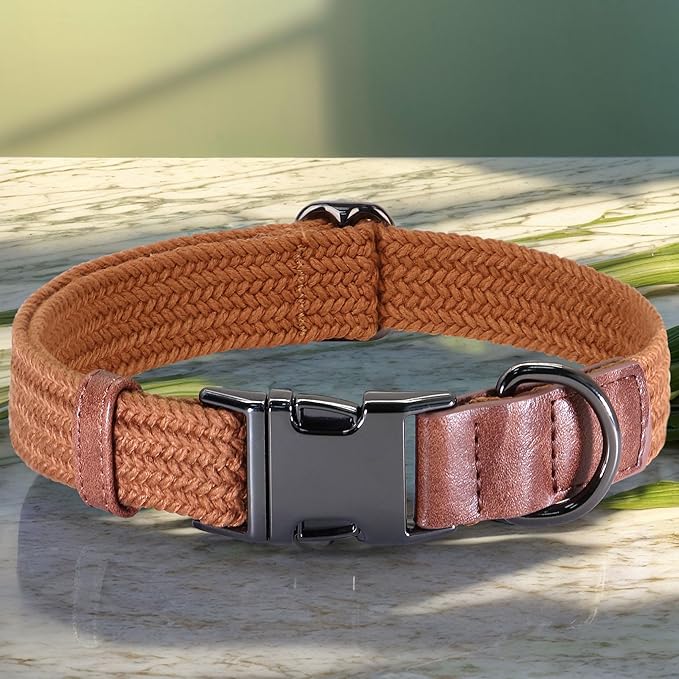PET ARTIST Soft Cotton Dog Collars for Small Dogs in Rustic Brown, Simple Dog Collar with Quick Release Metal Buckle &amp; D Ring, S Size (10-16")