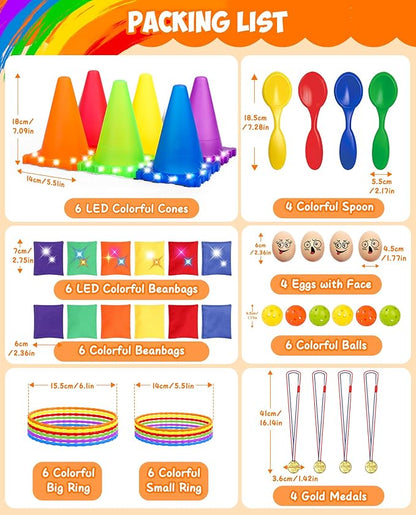 Eocolz 49PCS Carnival Games Outdoor Combo Set for Kids with LED Light, Plastic Cones Obstacle Course Bean Bags Balls Ring Toss Game Egg and Spoon Race Lawn Game, Gift for Birthday Party/Xmas/Easter