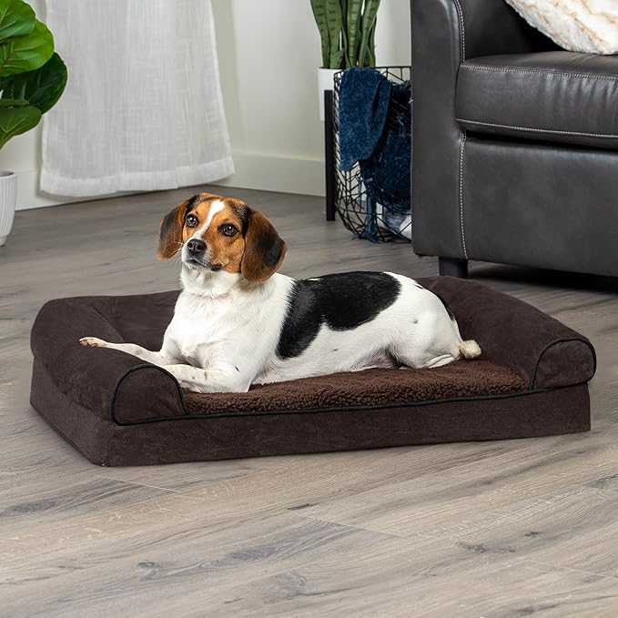FurHaven Soft, Orthopedic Foam Sofa Dog Bed with Washable &amp; Removable Cover - Sherpa/Chenille - Coffee, Dogs Up to 35 lbs - Medium