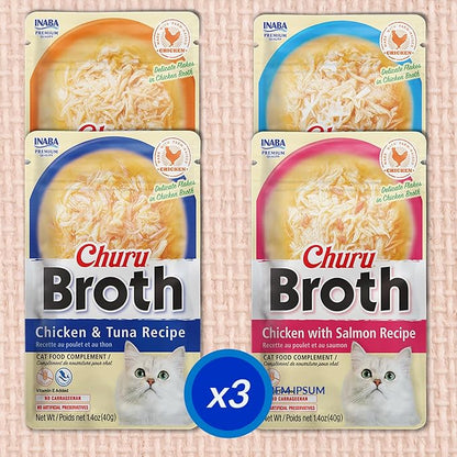 INABA Churu Broth for Cats, Side Dish Pouch, 1.4 Ounces per Pouch, 12 Pouches, Chicken &amp; Seafood Variety