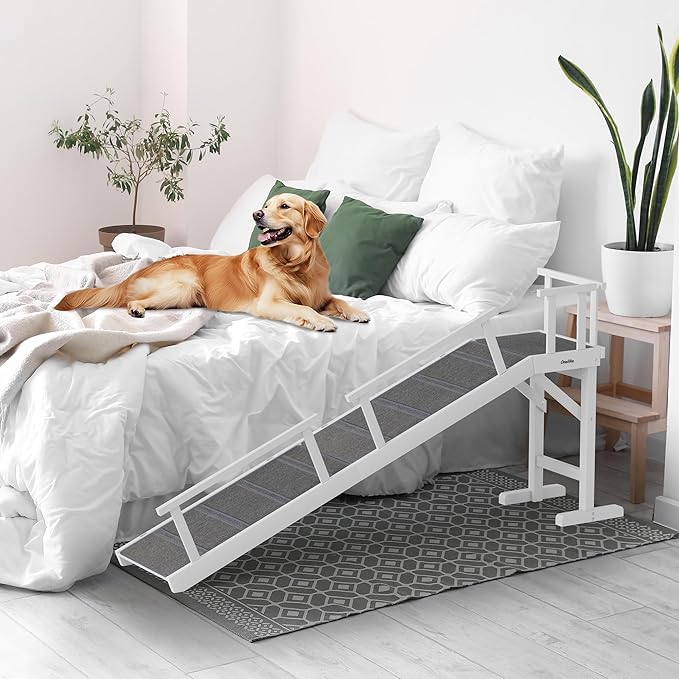 Onelike Wooden Dog Ramp for Bed with Removable Side Rail and Non-Slip Carpet, Stable Pet Ramp Stair for Couch Sofa for Small &amp; Large &amp; Senior Dogs, 74" Long Ramp White