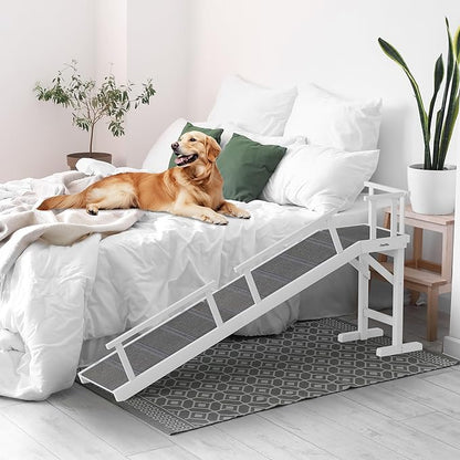 Onelike Wooden Dog Ramp for Bed with Removable Side Rail and Non-Slip Carpet, Stable Pet Ramp Stair for Couch Sofa for Small &amp; Large &amp; Senior Dogs, 74" Long Ramp White