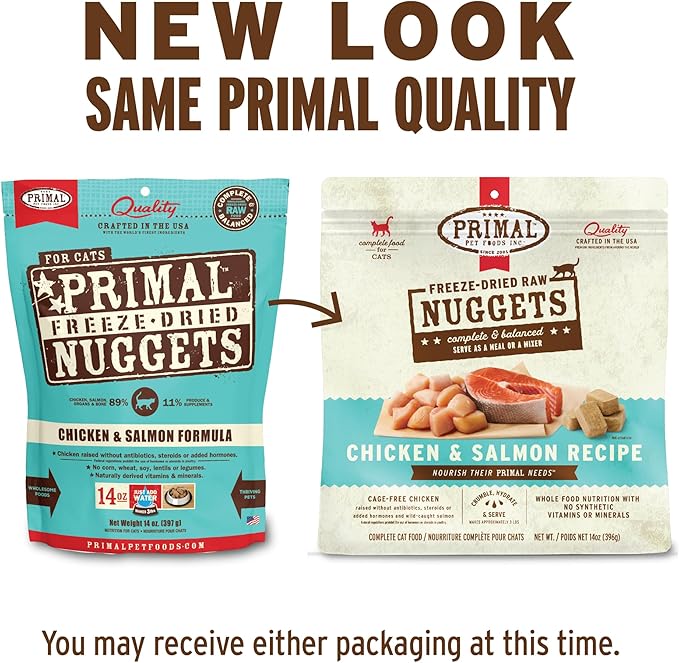 Primal Freeze Dried Raw Cat Food Nuggets Chicken &amp; Salmon, Complete &amp; Balanced Meal or Topper, Premium, Healthy, Grain Free, High Protein Raw Cat Food with Probiotics (5.5 oz)