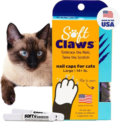 Soft Claws Cat Nail Caps for Large Cats – (40 Caps, Purple &amp; Black) - Made in USA - Veterinarian-Developed | Protects Furniture &amp; Skin - Easy to Apply, Long-Lasting Anti-Scratch Soft Cat Claw Covers