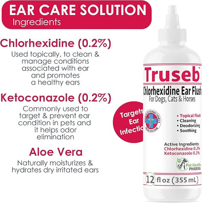 All Natural Ear Flush for Dogs &amp; Cats, Ketoconazole &amp; Chlorhexidine Ear and Vet-Strength Ear wash with a Light Scent (USA) (Ketoconazole &amp; Chlorhexidine Ear Flush, 12 oz)