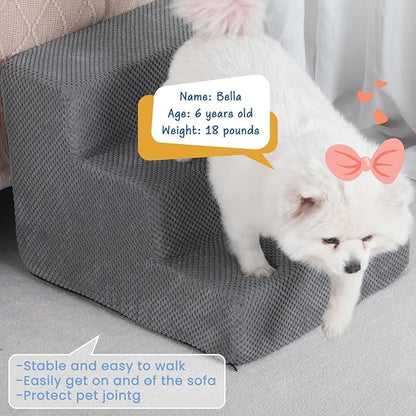 Dog Stairs for Small Dogs &amp; Cats, 3-Step Non-Slip Pet Steps for Couch Sofa and Chair, Grey, 13.6" H