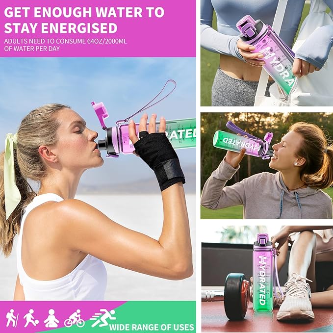 Water Bottle, 32 oz Motivational Water Bottles with Time Marker-Tritan &amp; BPA Free, Sports Water Bottle with Time to Drink &amp; Strap, Wide Mouth, Leakproof -Gift for Christmas Gym Fitness &amp; Outdoor
