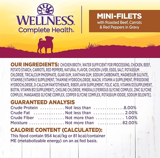 Wellness Petite Entrees Mini Fillets Grain Free Natural Wet Small Breed Dog Food, Roasted Beef, Carrots &amp; Red Peppers, 3-Ounce Cup (Pack of 24)