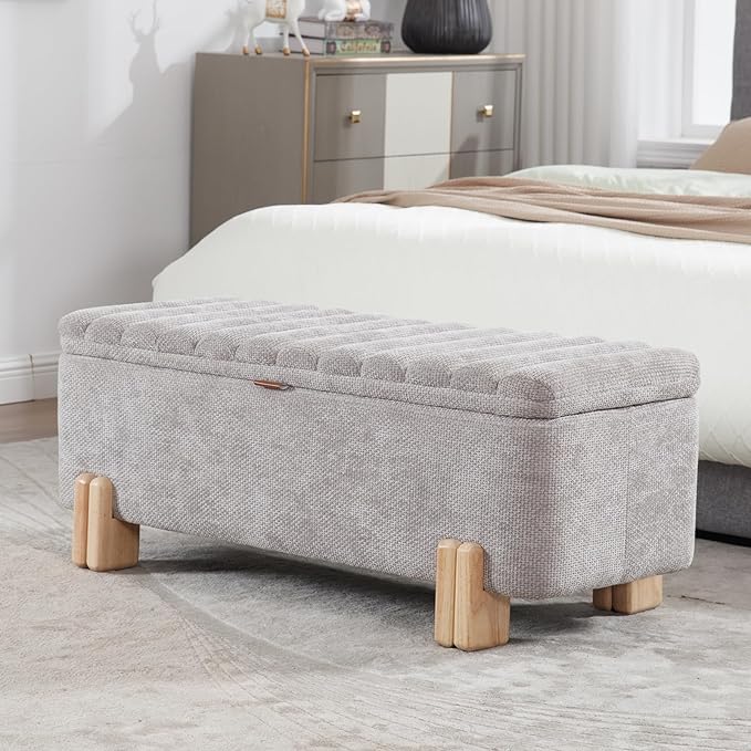 Kmax 45" Storage Bench Velvet Entryway Bench Upholstered Ottoman Bench with Wavy Top &amp; Safty Hinge for Bedroom Living Room Hallway, Grey