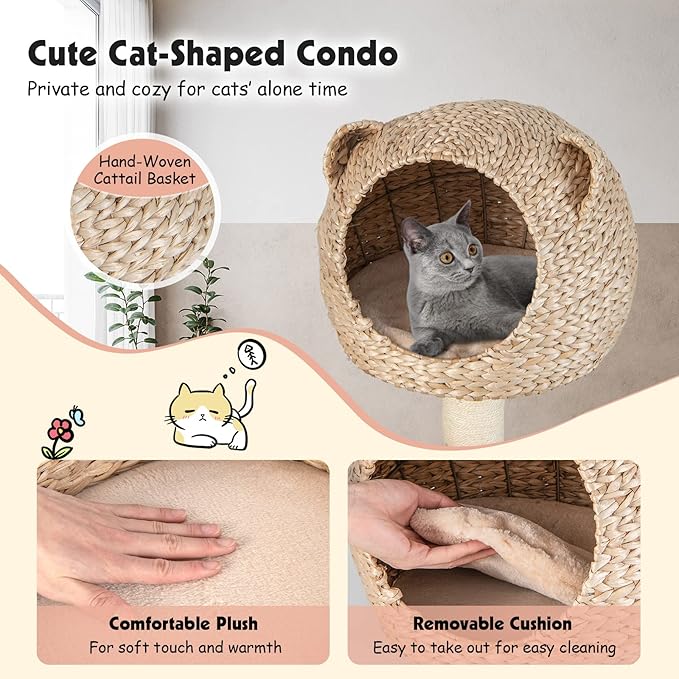 PETSITE Woven Cat Tree, Modern Cat Tower with Hammock &amp; Scratching Posts, Cattail Condo &amp; Top Perch, Cat Activity Tree for Indoor Cats