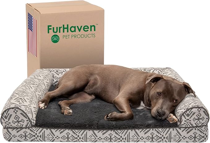 Furhaven Orthopedic Dog Bed for Large/Medium Dogs w/ Removable Bolsters &amp; Washable Cover, For Dogs Up to 55 lbs - Plush &amp; Southwest Kilim Woven Decor Sofa - Boulder Gray, Large