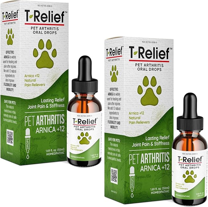 MediNatura T-Relief Pet Arthritis Relief Drops Arnica +12 Powerful Natural Homeopathic Medicines Help Ease Hip &amp; Joint Pain Soreness &amp; Stiffness for Dog &amp; Cat - 1.69 oz (2 Pack)