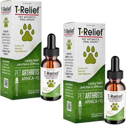 MediNatura T-Relief Pet Arthritis Relief Drops Arnica +12 Powerful Natural Homeopathic Medicines Help Ease Hip &amp; Joint Pain Soreness &amp; Stiffness for Dog &amp; Cat - 1.69 oz (2 Pack)